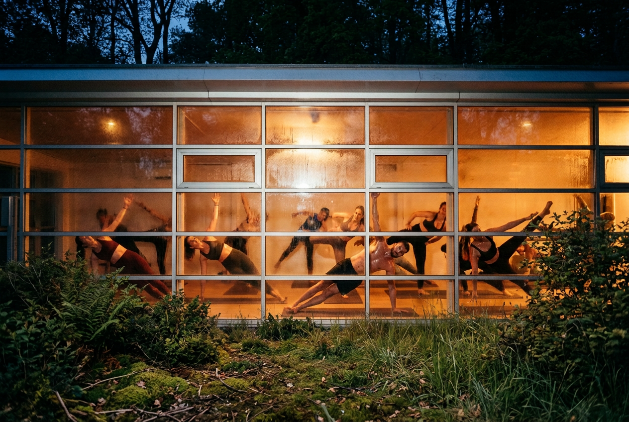 A hot Pilates class in full swing inside the glass pavilion at dusk