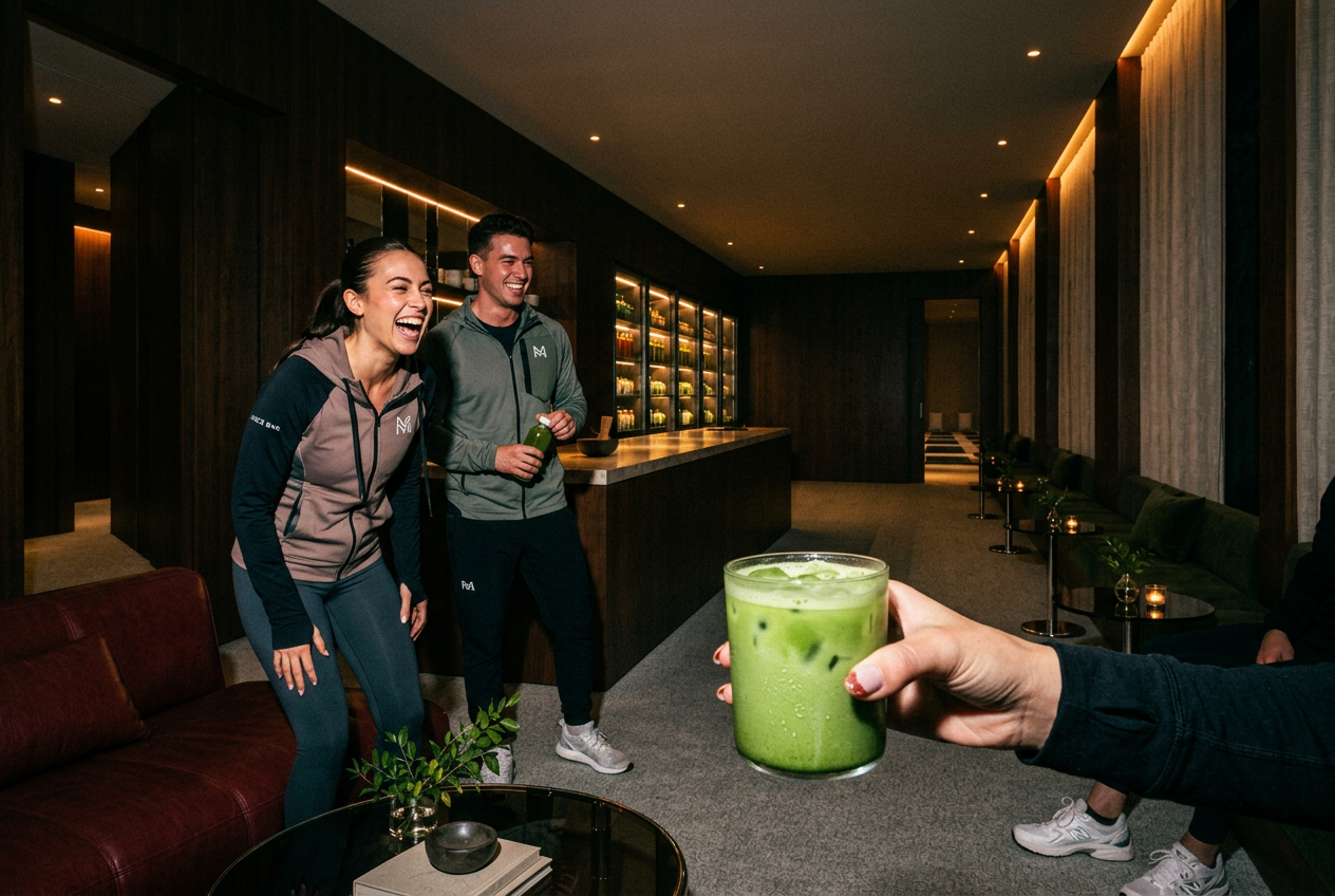 The lounge refreshment bar · a juice fridge beside moss-green seating