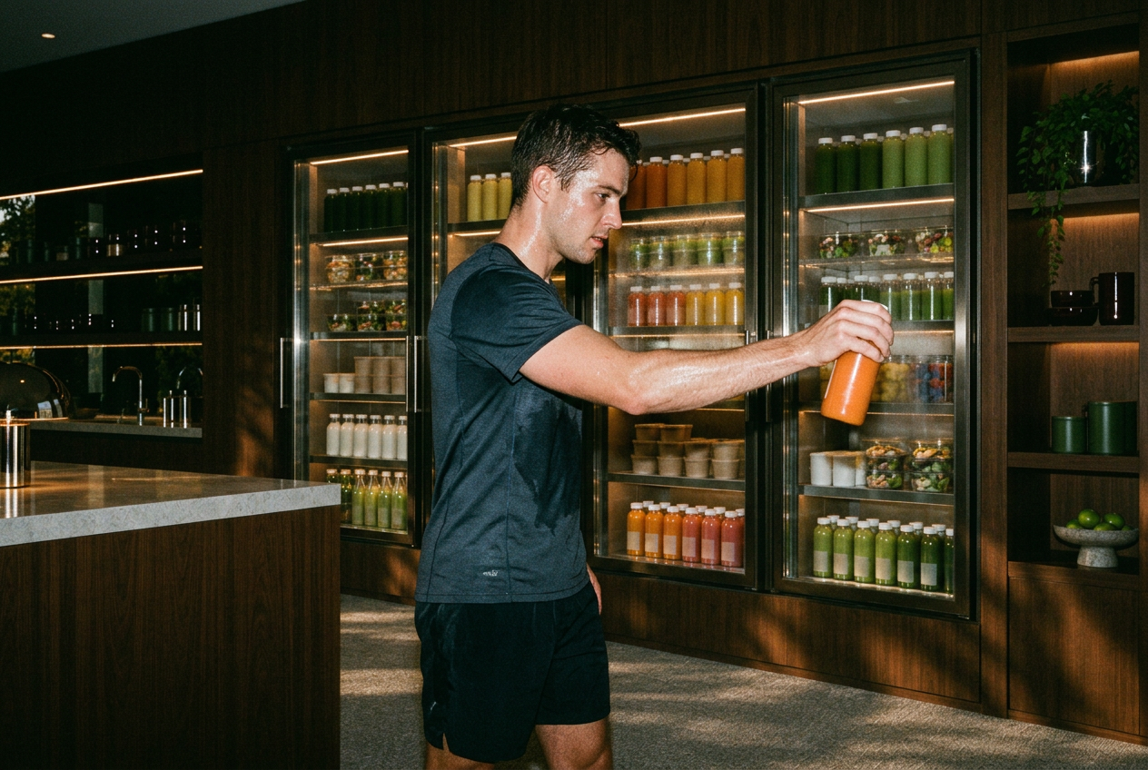 The lounge refreshment bar · a juice fridge beside moss-green seating