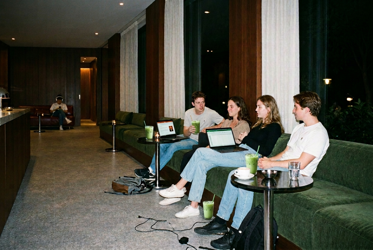 The lounge with moss-green sofas beneath the pavilion's tall windows