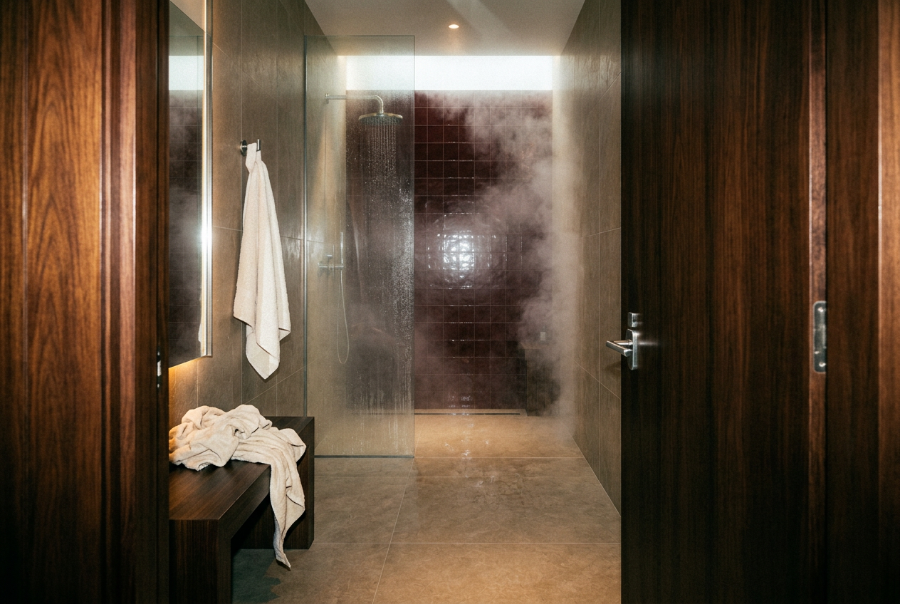 A mid-century walk-in shower in walnut and bordeaux tile